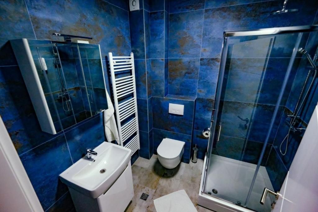 Kupatilo s tuš-kabinom i plavim pločicama